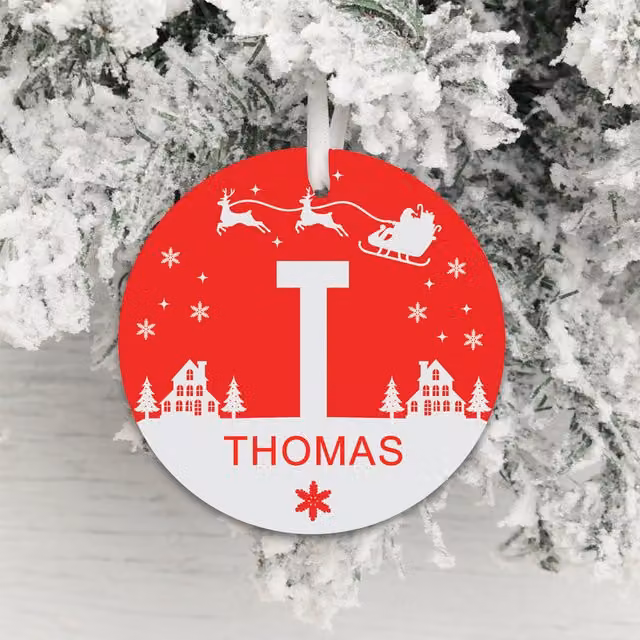 Uniqueful Personalised Round Plastic Christmas Hanging Pendant for Children in Red, Blue or Green