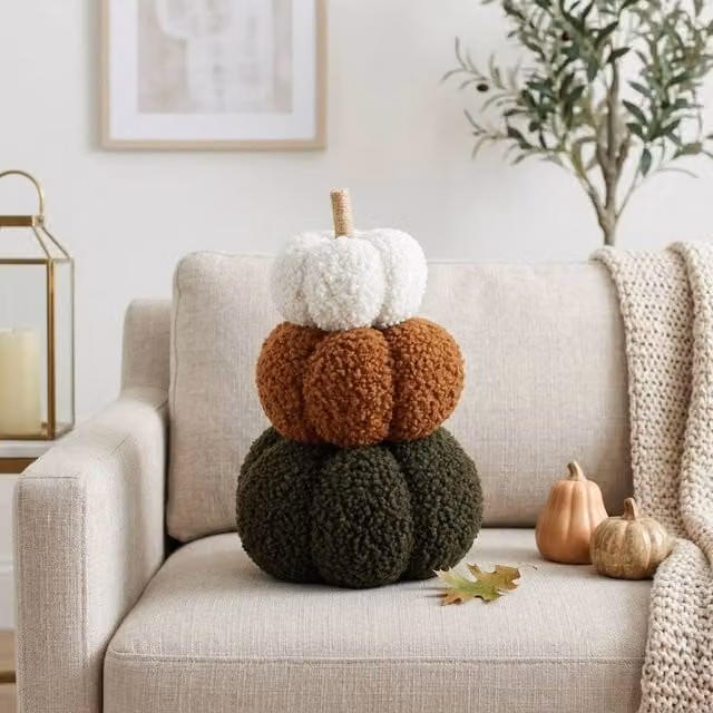 Garden Greatness Fluffy Sherpa Pumpkin Stack Ornament in Beige, White and Multicolour