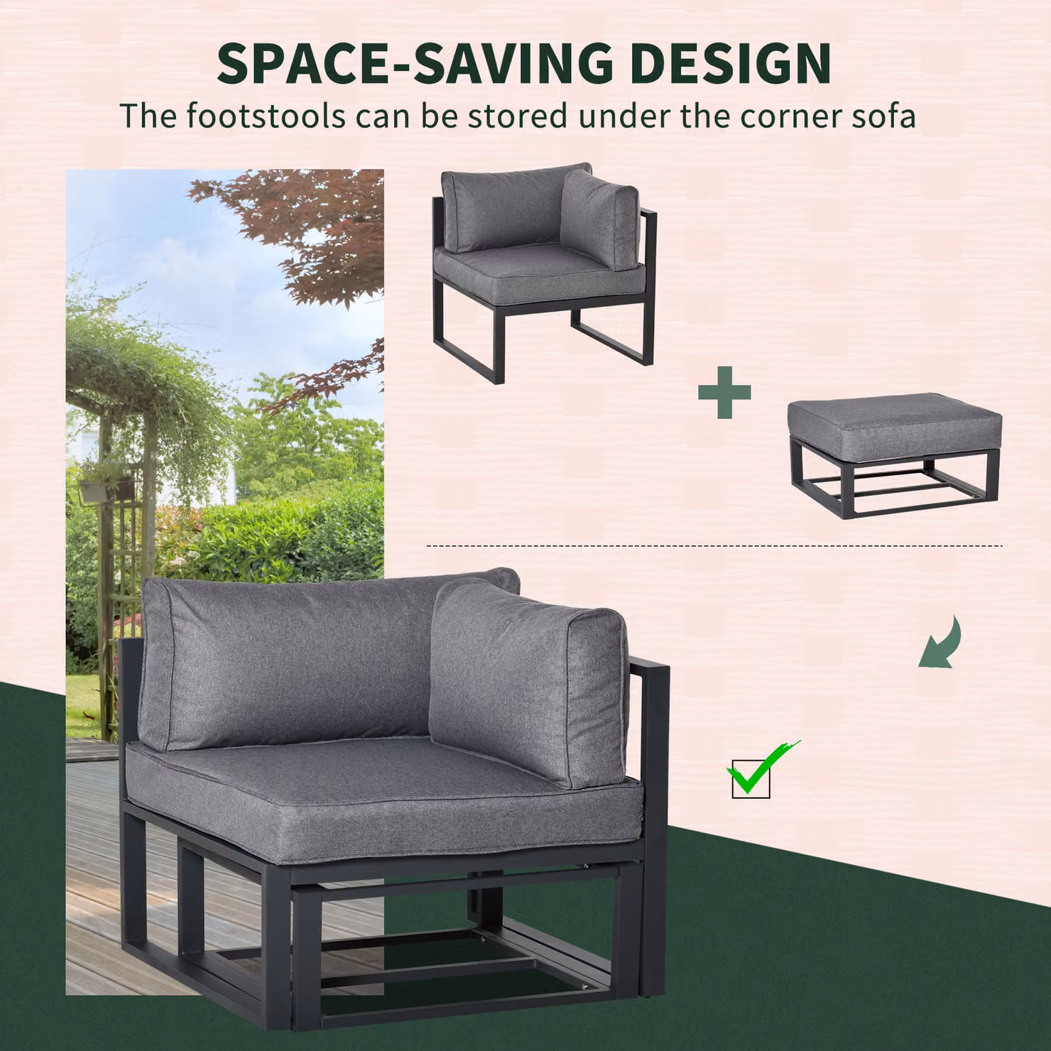 Outsunny 6 Piece Grey L-Shape Outdoor Sectional Sofa Set with Powder Coated Aluminium Frame, Coffee Table, Ottoman and Upholstered Cushions – 5