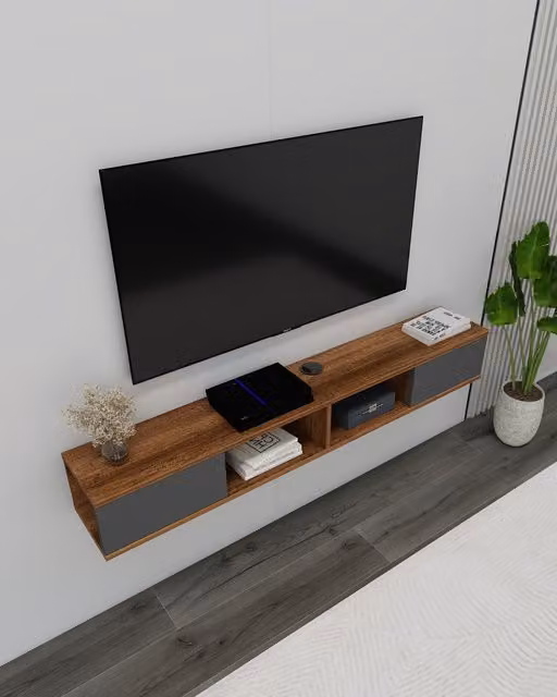 Destina Home Mayer Floating TV Stand with Shelves and Cabinets in Brown, W/D/H: 140 x 22 x 17 cm – 1