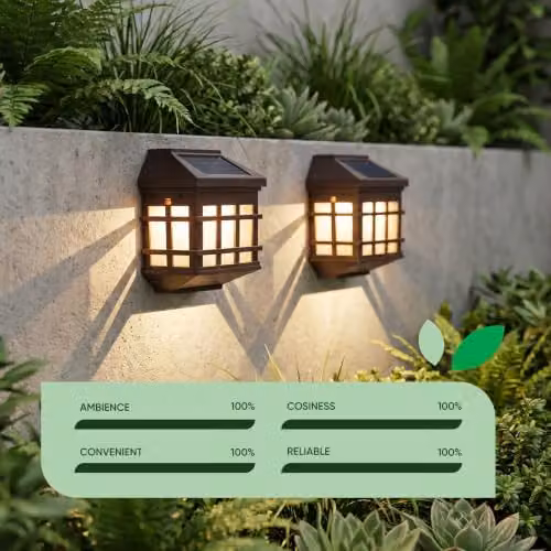 Gardenwize Pack of 2 Brown Lantern Style Solar Powered LED Fence and Wall Lights with Dusk Sensor – 8
