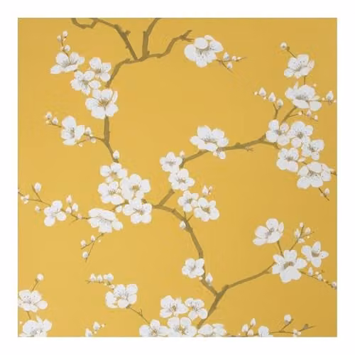 Graham & Brown Fresco Ochre Apple Blossom Floral Botanical Wallpaper in Yellow