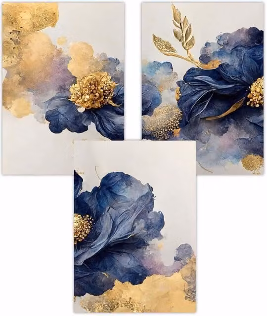 ARTZE Set of 3 Abstract Floral Paper Posters in Purple and Gold, W: 42 cm, H: 59 cm