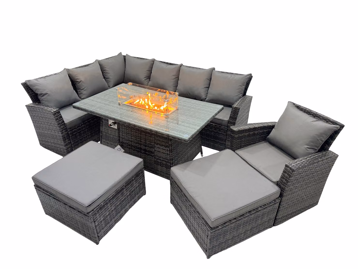 Fimous Dark Grey Rattan Outdoor Patio Gas Firepit Table Sofa Set with 2 Large Stools – 2