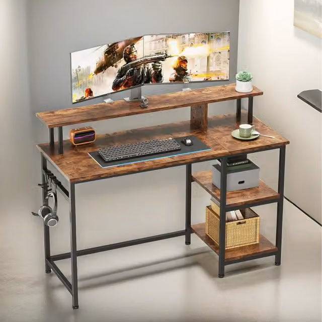 Furnold Industrial Computer Desk with Monitor Stand and Shelves in Rustic Brown, W: 107 cm, D: 18 cm