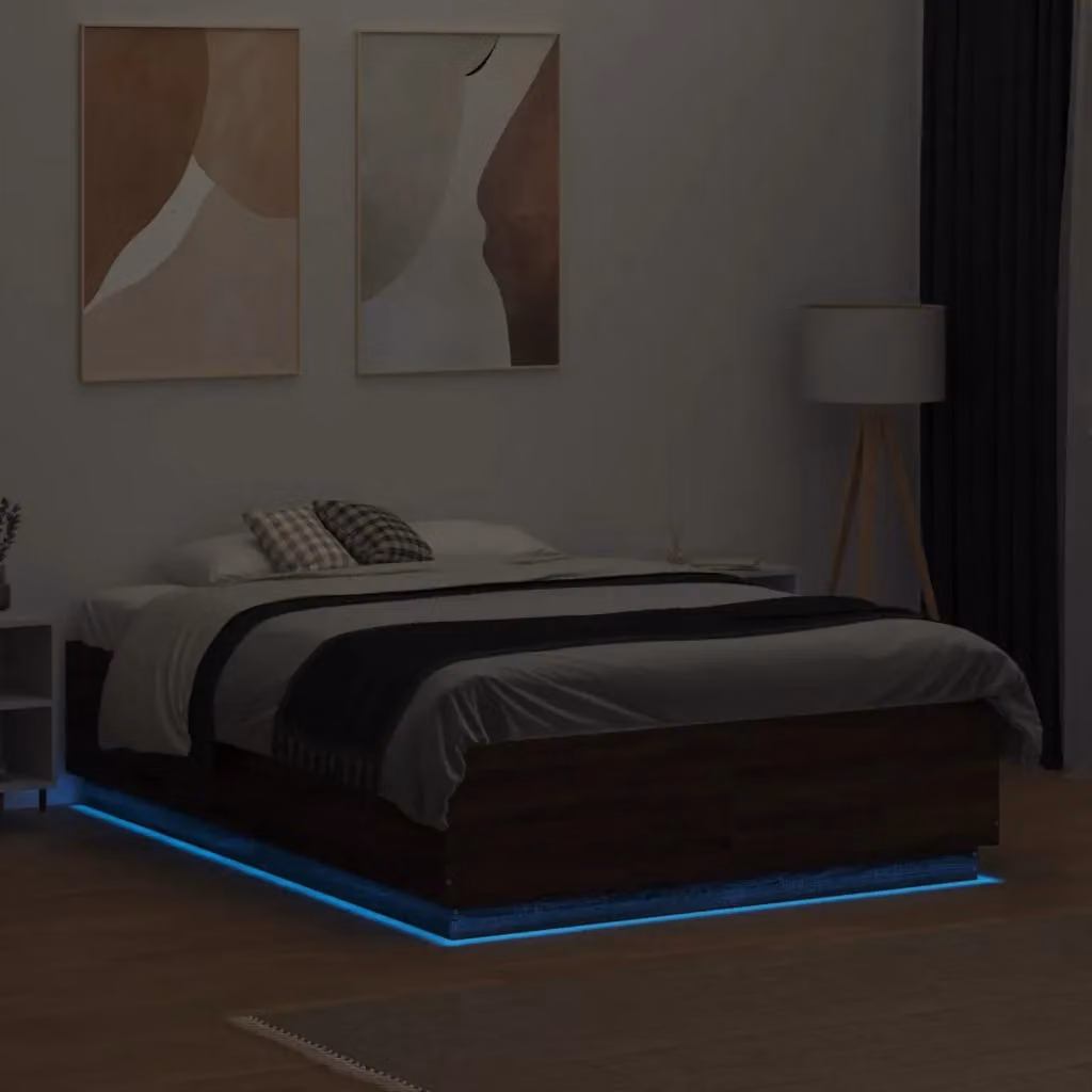 Berkfield Home Modern Double Bed Frame in Brown Oak with LED Under-Bed Lighting and USB Charging Ports, W/D/H: 135 x 190 cm – 3