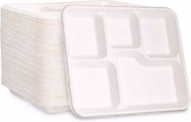 ECONX 200 Pack White Heavy Duty 5 Compartment Bagasse Disposable Serving Plates – 1