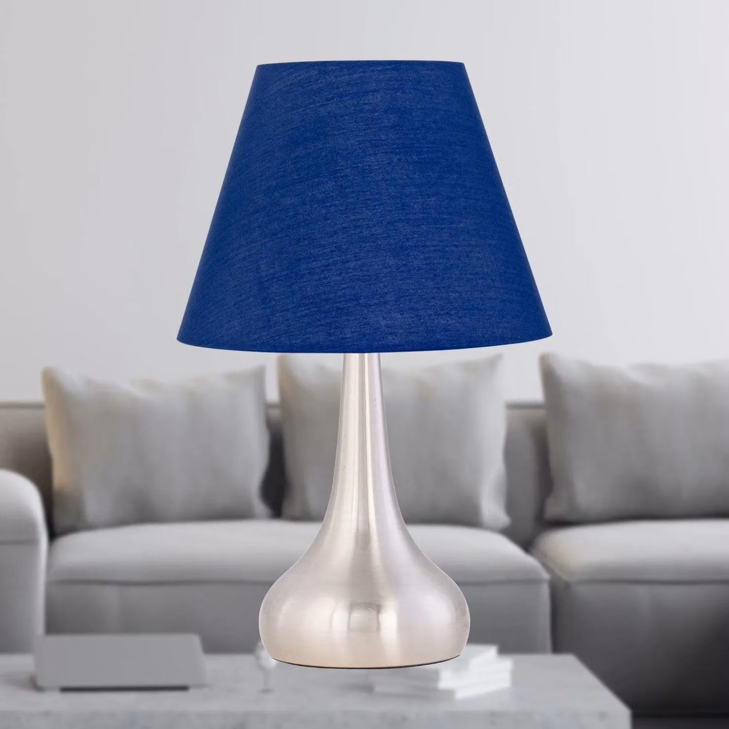 First Choice Lighting Romana Touch Operated Dimmable Table Lamp with Blue Fabric Shade in Brushed Chrome – 2