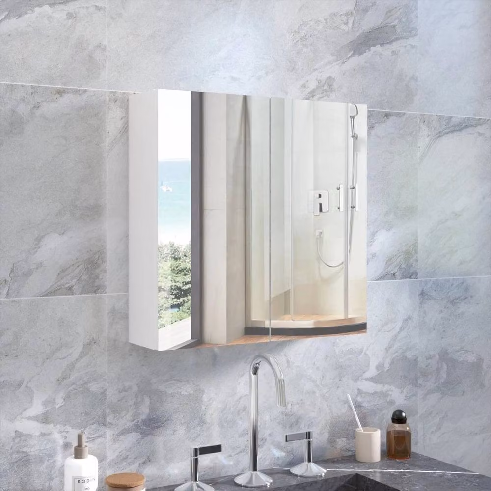 FORGEVIO Mondeer White Glossy Double Door Bathroom Mirror Cabinet with Soft Close Hinged Doors – 2
