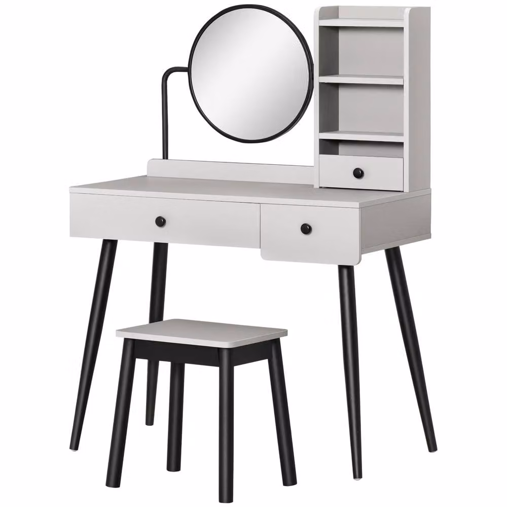 STILVORA Modern Dressing Table with Mirror, Stool and 3 Drawers in Grey – 3
