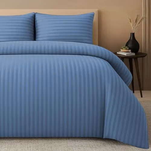 Pamposh Blue Satin Stripe Microfibre Single Duvet Cover and Pillowcase Set, W/D/H: 135 x 200 cm and 50 x 75 cm – 1