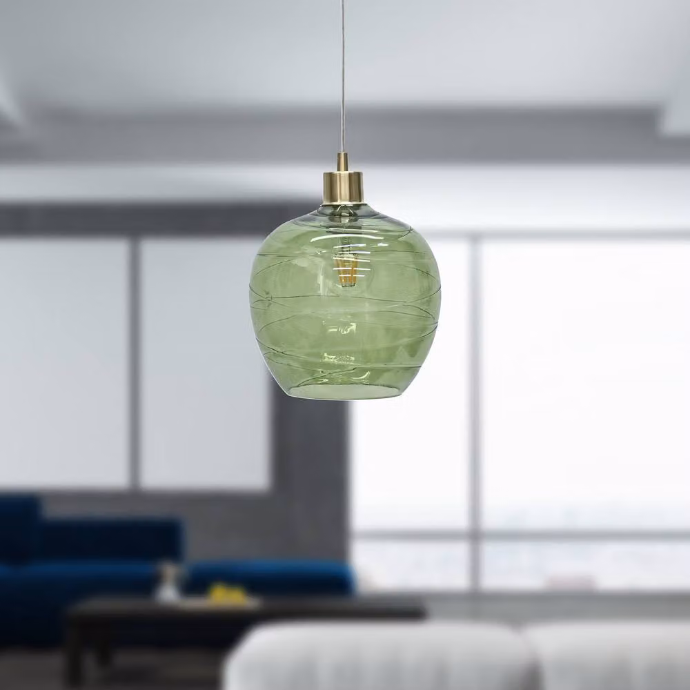 First Choice Lighting Leah Set of 2 Green Ripple Glass Globe Pendant Lights with Satin Brass Fittings – 2