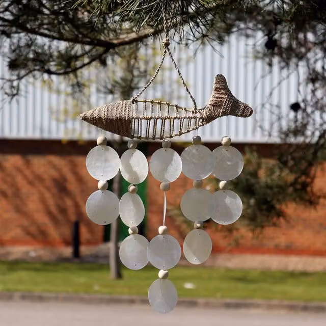 Serenityy White String Fish and Natural Copis Drop Outdoor Hanging Chime