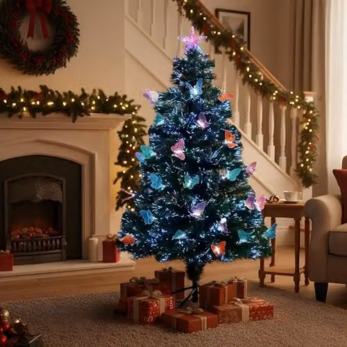 Shatchi 150 cm Green Fibre Optic Christmas Tree with Multicolour LED Butterfly Decorations and Star Topper – 2