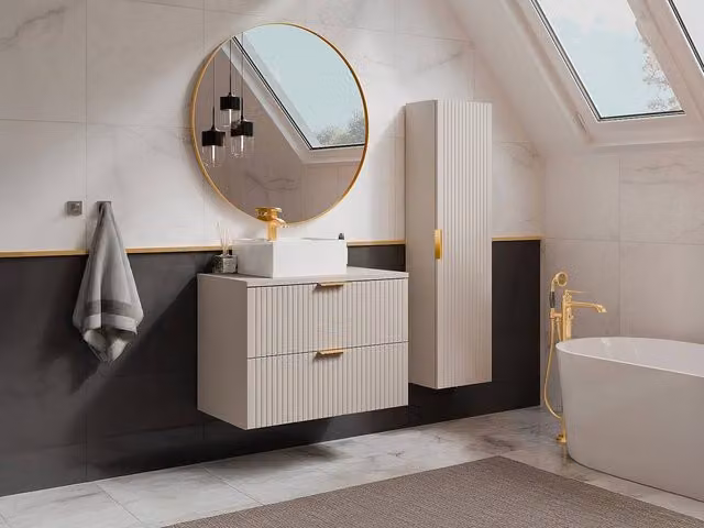 Vente-unique Suspended Ribbed Bathroom Vanity Unit with Square Ceramic Countertop Basin in Beige