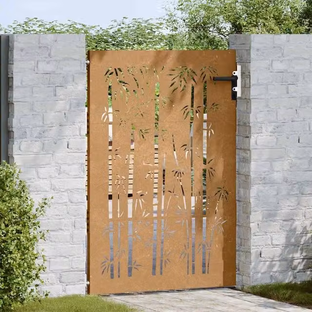 Berkfield Home Beautiful Garden Gate in Brown Corten Steel with Bamboo Design, W: 85 cm, H: 150 cm