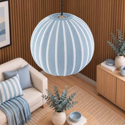 CGC Lighting Fleur Large 45cm Blue Striped Round Globe Lantern Fabric Lampshade – 2