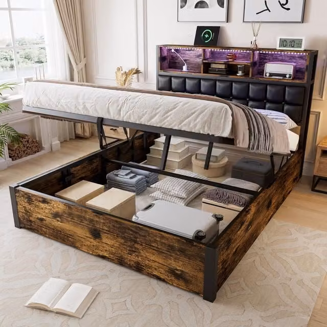 Aosom UK Double Hydraulic Storage Bed with USB Charging Sockets and LED Under-Bed Lighting, Black and Neutral, L: 208 cm, W: 141 cm, H: 107 cm