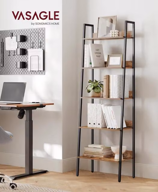 VASAGLE 5-Tier Rustic Bronze and Brown Ladder Bookcase with Steel Frame, H 170 x W 30 x D 30 cm