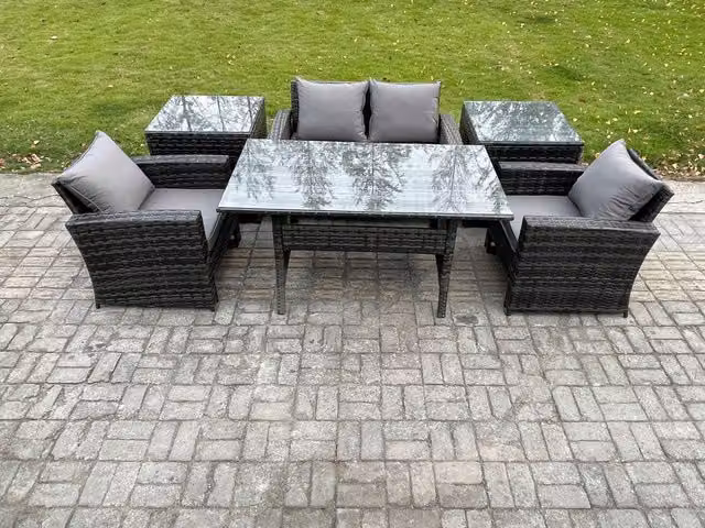 Fimous Rattan Garden Furniture Set with Rectangular Dining Table and Lounge Sofa in Dark Grey