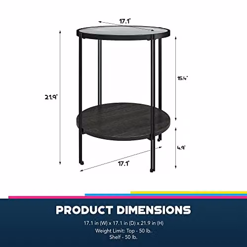 DHP Furniture Wainwright Round End and Side Table, Black, W: 44 cm, D: 44 cm, H: 55 cm – 3