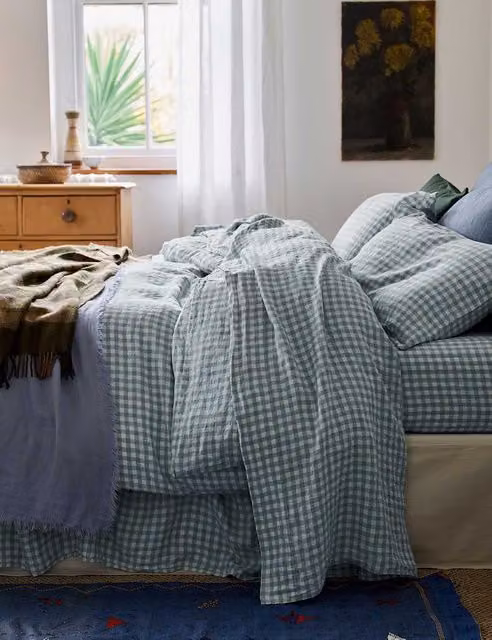 Piglet In Bed Pure Linen Gingham Checked Flat Sheet in Light Blue Mix, Single (3 ft)