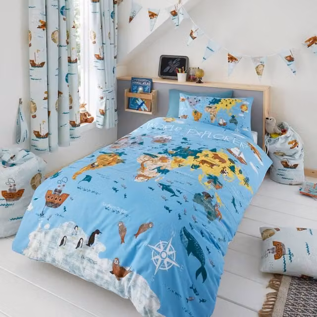 Happy Linen Company Reversible Blue Childrens World Explorer Duvet Cover and Pillowcase Set, W/D/H: 140 x 200 cm and 50 x 75 cm