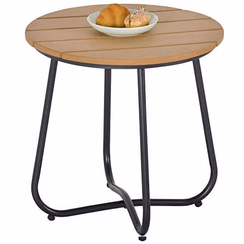 Outsunny Round Outdoor Side Table in Natural Wood and Black, Diameter: 49 cm, Height: 48 cm