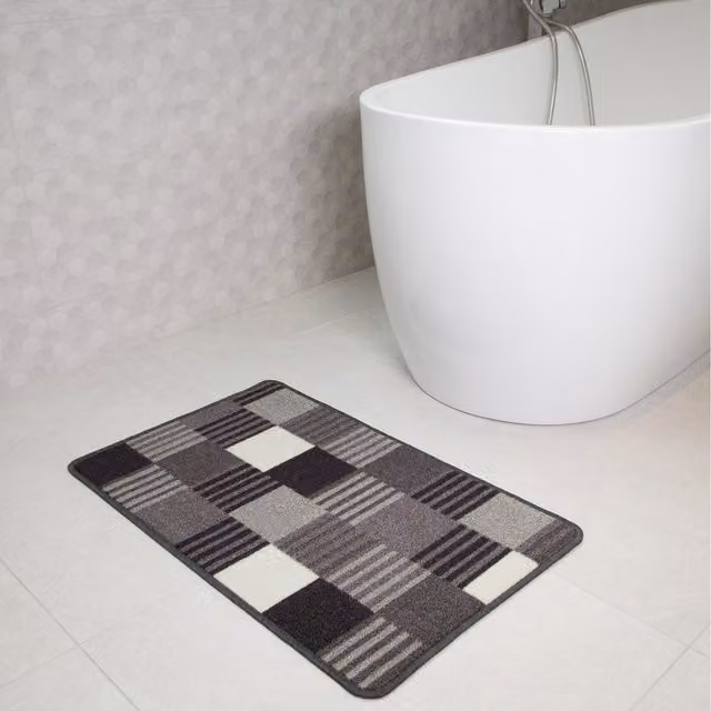 The Rug House Black and Grey Geometric Block Striped Non Slip Washable Kitchen Utility Mat, W: 110 cm, D: 66 cm