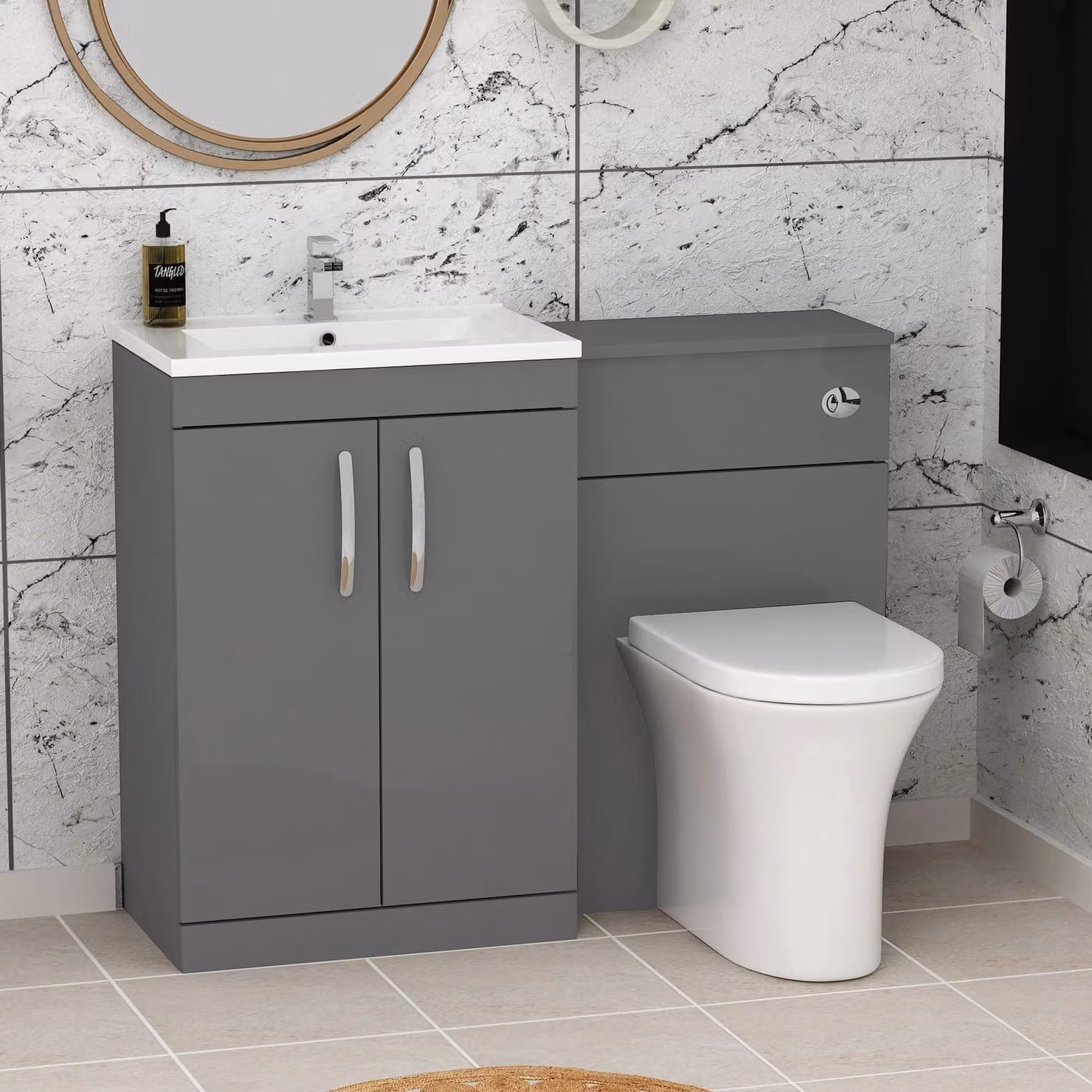 Royal Bathrooms Indigo Grey Gloss 2 Door Furniture Pack with Minimalist Basin and Breeze Back to Wall Toilet, W: 110 cm
