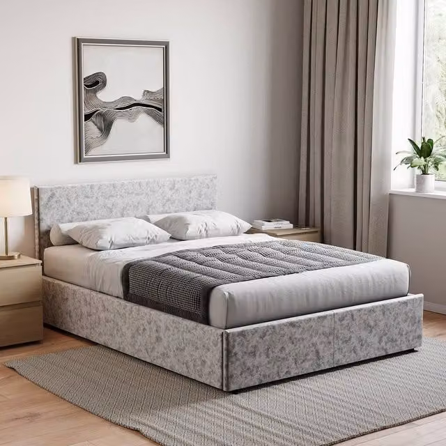 HD Designs Vida Designs Veronica Double Ottoman Bed in Silver Upholstered Fabric with Lift Up Base, W/D/H: 140 x 200 cm