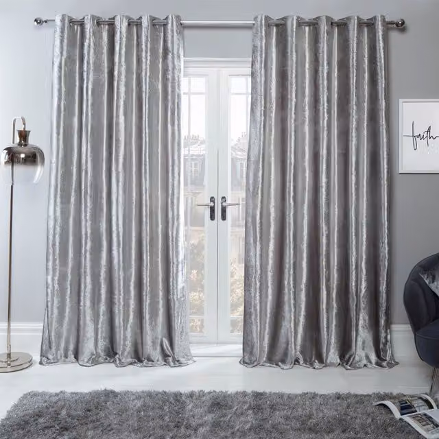 OHS Ready Made Eyelet Crushed Velvet Curtains in Silver Light Grey, Width: 167 cm, Drop: 228 cm – 1