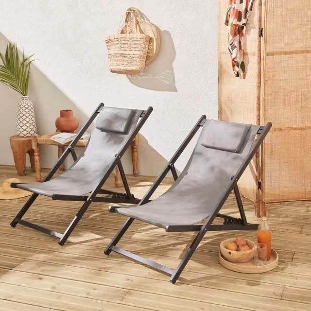 sweeek Set of 2 Grey Powder Coated Aluminium Multi-position Sun Loungers with Textilene Fabric and Adjustable Headrests – 1