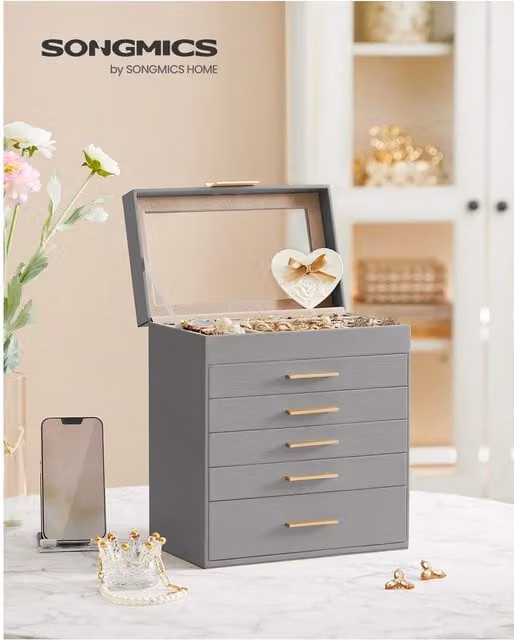 SONGMICS 6-Tier Jewellery Box with Glass Lid, Grey