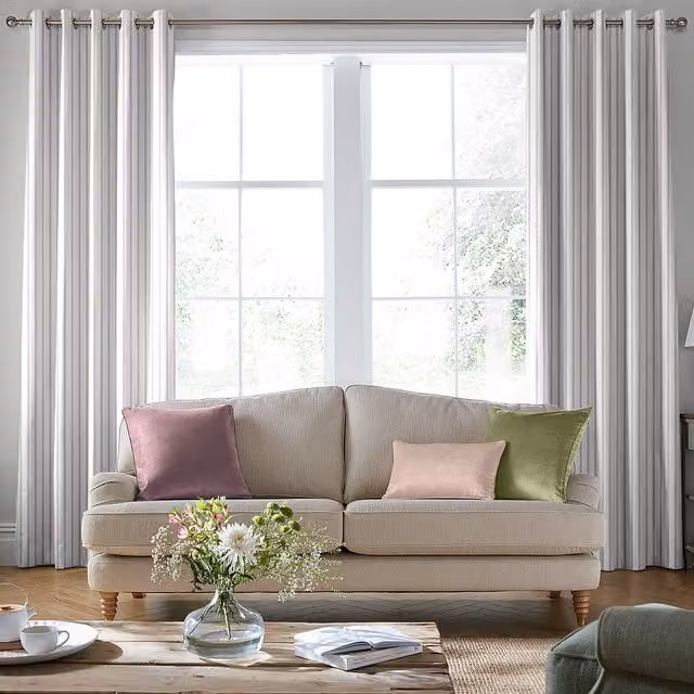 Laura Ashley Burnsall Stripe Made To Measure Blackout Eyelet Curtains in Purple and White