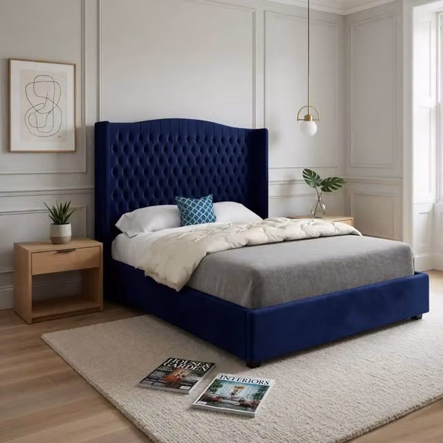 Casani Rousdon Winged Upholstered Blue Velvet Designer Bed Frame W/D/H: 137 x 120 x 200 cm