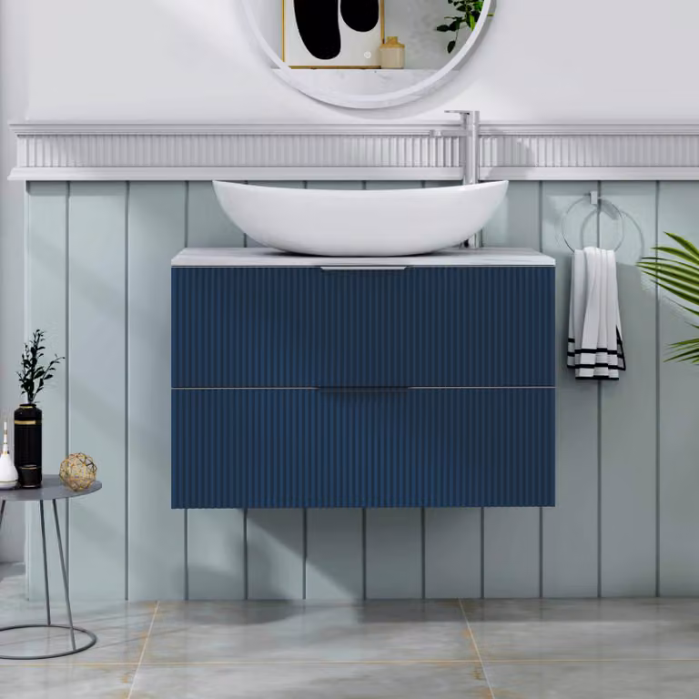 Royal Bathrooms Evora 800mm Midnight Blue Fluted Wall Hung 2 Drawer Vanity Unit with Cesar Basin