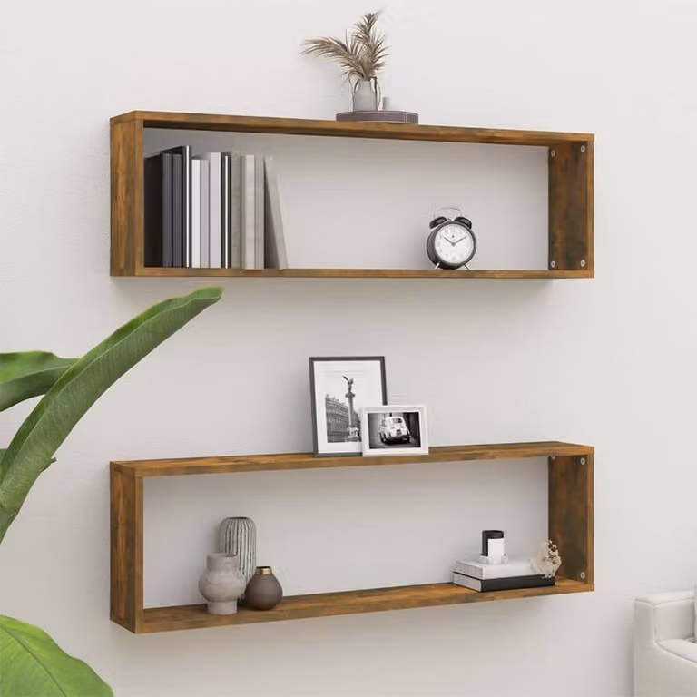 Berkfield Home Wall Mounted Cube Shelves, 2 Pack, Smoked Oak Brown, W/D/H: 100 x 15 x 30 cm