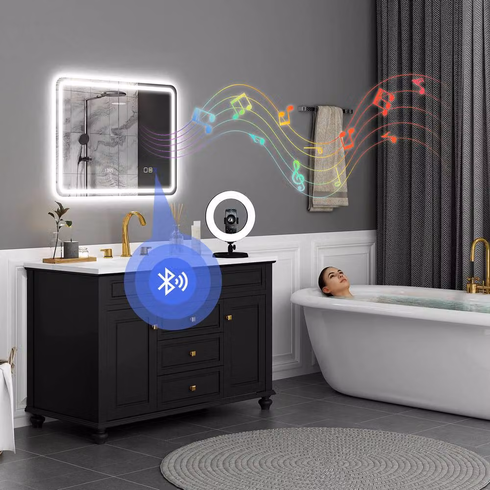 STILVORA Modern Rectangular Wall Mounted Bathroom Mirror with Dimmable LED Lighting, Bluetooth and Touch Switch in Silver – 2
