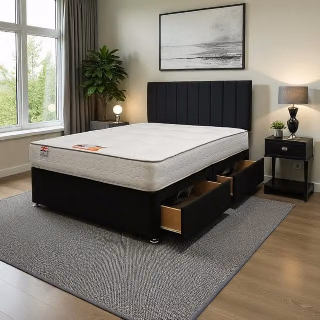 Knight Sleep Paris Plush Superking Bed Set with Mattress and 2 Drawers in Black