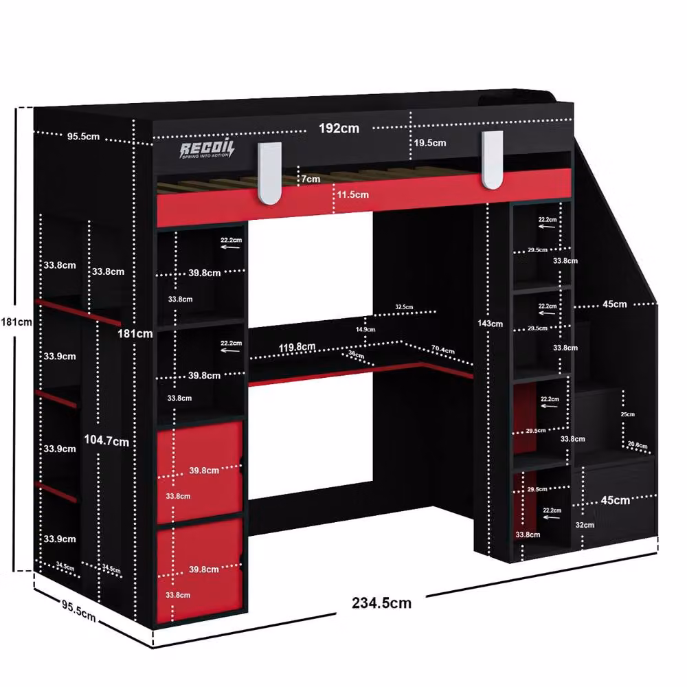 Flair Furnishings Blaze Single Staircase Gaming High Sleeper Bed with Storage and Side Compartments, Black and Red – 6