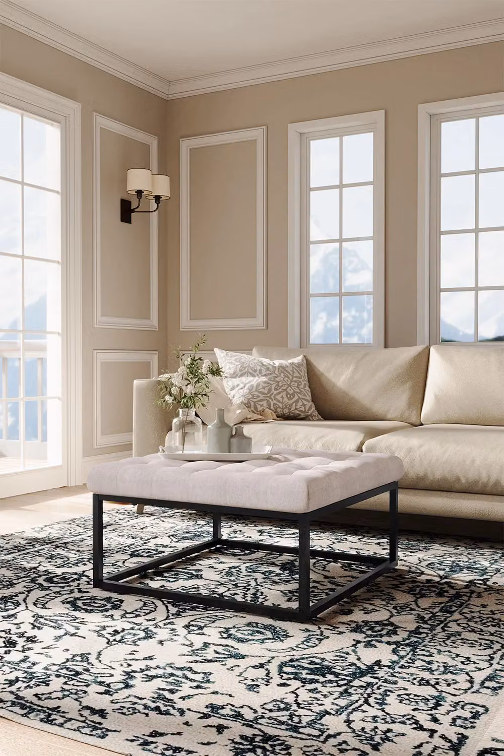 Livingandhome Square Linen Footstool with Metal Frame in Beige – 2