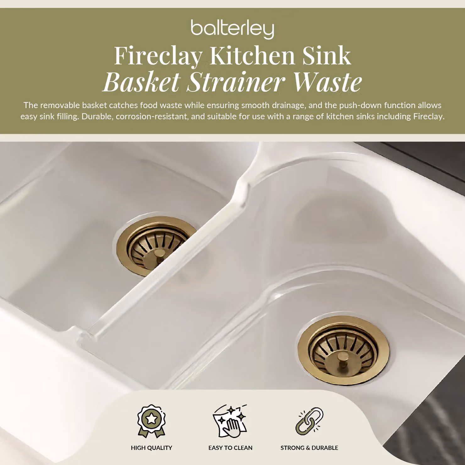 Balterley Kitchen Sink Waste Kit with Stainless Steel Basket Strainer and 1 1/2 inch Pipe, Brushed Brass, W/D/H: 11.5 x 11.5 x 6.3 cm – 2
