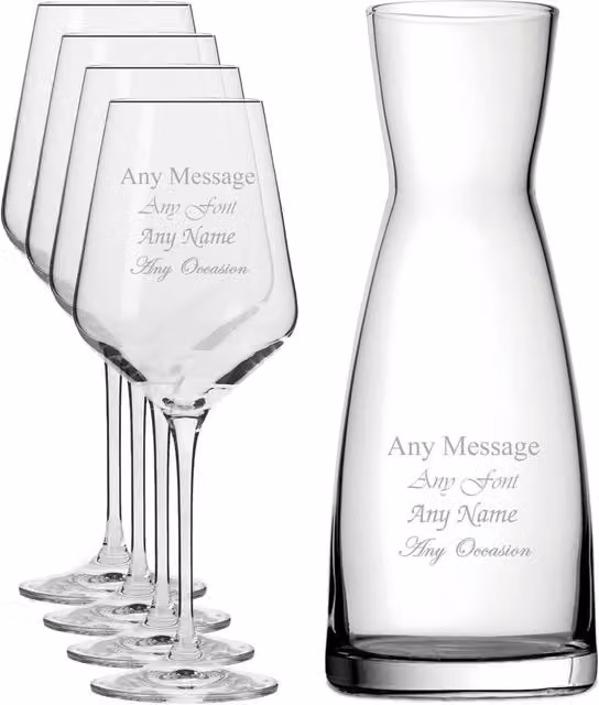 Uniqueful Personalised Set of 4 Infinity Lead-Free Crystal Wine Glasses and Contemporary Carafe in Transparent Clear
