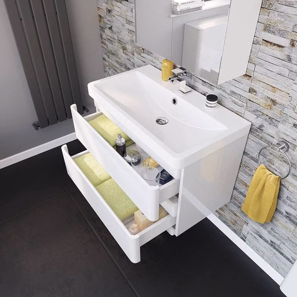FLAVORA Modern White Glossy Wall Mounted Bathroom Vanity Unit with Built In Sink Basin – 2