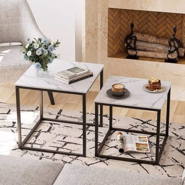 Huhote Set of 2 Nesting Tables with White Marble Finish Tops and Black Metal Frames