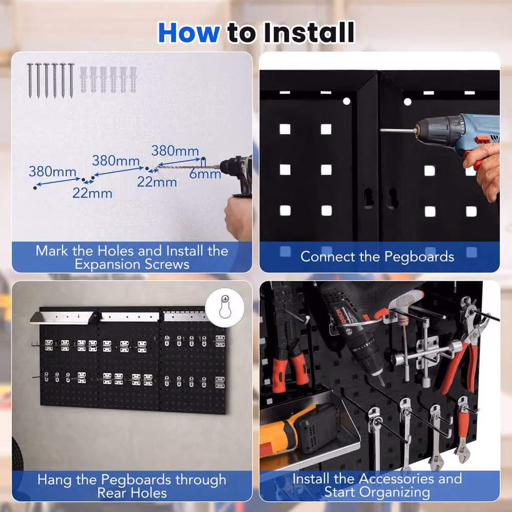 Gymax Wall-Mounted Metal Pegboard Tool Organizer Kit in Black with 28 Hanging Hooks – 6