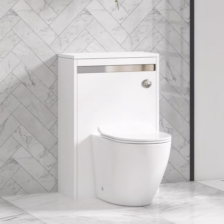 Royal Bathrooms Orion Matt White BTW WC Unit with Elva Rimless Ceramic Toilet Pan, Slim Soft Close Seat and Cistern with Chrome Accent Trim, Width: 54 cm