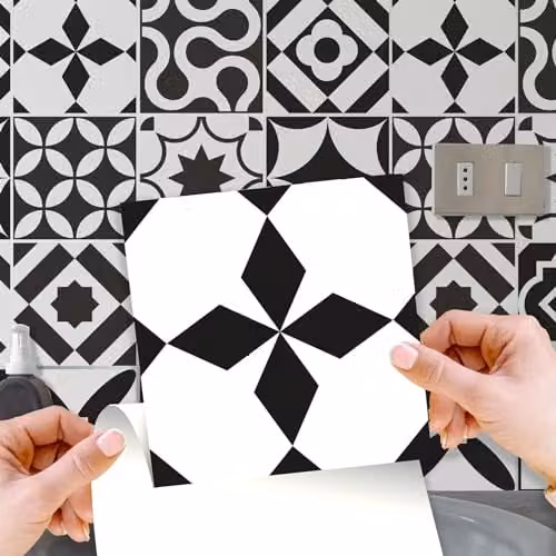 WALPLUS 24 Pcs Geometric Square Tile Stickers, Black and White Self-Adhesive Vinyl Backsplash, 15 cm