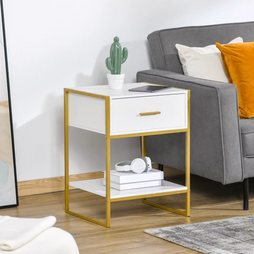 STILVORA Modern Bedside Table with Drawer and Shelf in White and Gold – 2